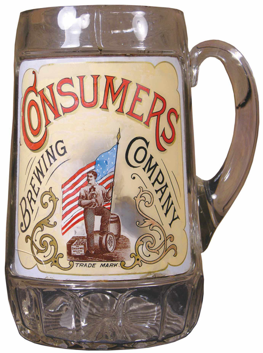 Only 13 Consumers Brewing Co. label under glass display mugs are known to exist. Eight are in this auction. Image courtesy Showtime Auction Service.