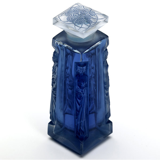 Lalique Ambre for D’Orsay perfume bottle in clear and frosted glass with blue patina, 5¼ inches tall, estimate $1,000-$1,500. Image courtesy Rago’s.