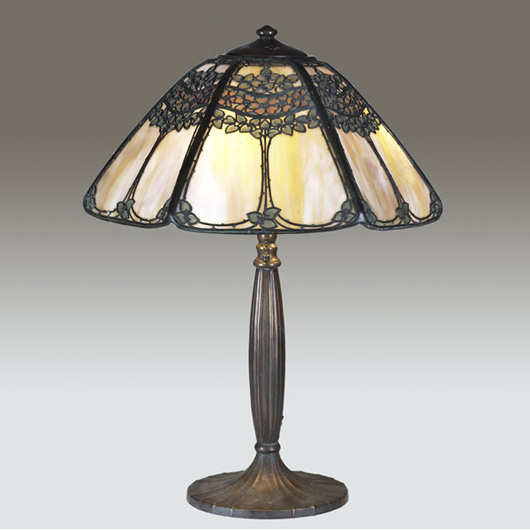 Handel table lamp with faceted, leaded-glass shade painted and overlaid with blooming trees, over a three-socket fluted copper base, estimate $2,000-$3,000. Image courtesy Rago’s.