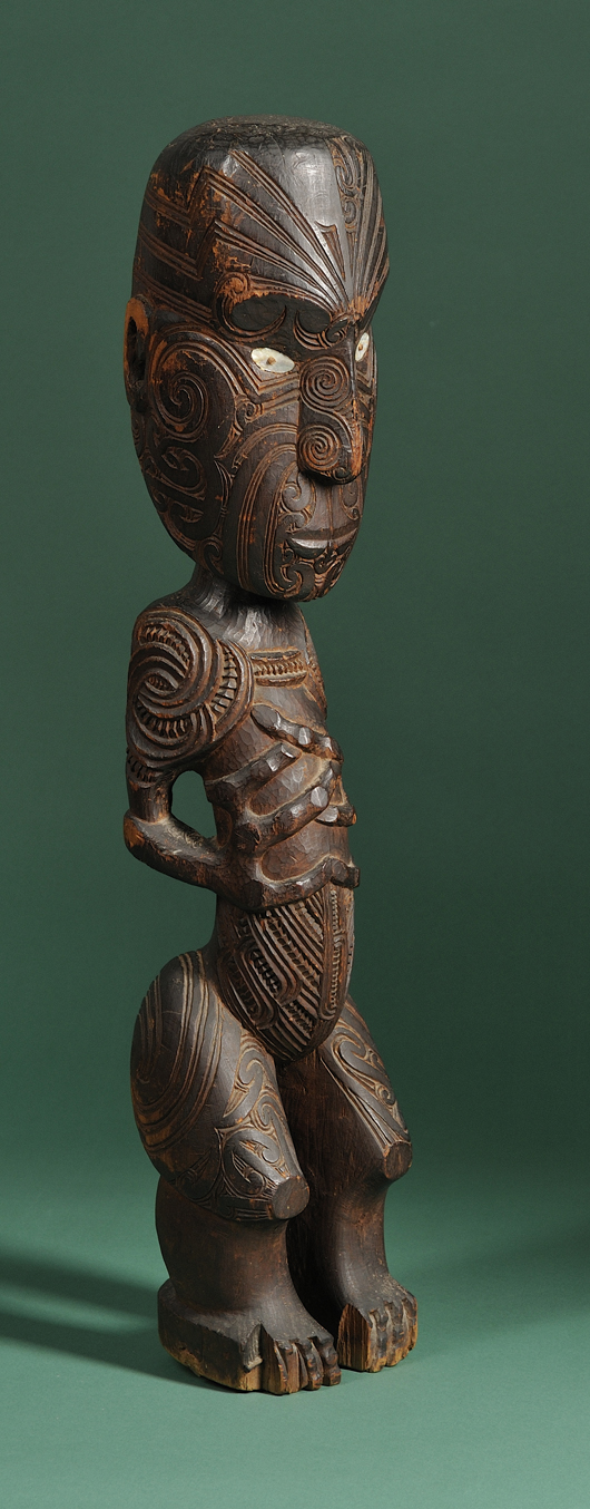 Maori Carved Wood Male Figure, New Zealand, 19th century. Provenance:  Collected by Rev. Alfred Fairbrother, Baptist minister to the Maoris, 1882-85. Estimate: $30,000-$50,000. Image courtesy Skinner Inc.