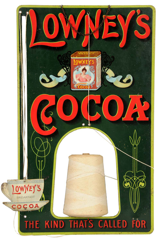 Tin litho Lowney’s Cocoa string holder, patent date March 18, 1908. Estimate $4,000-$7,000. Image courtesy Morphy Auctions.