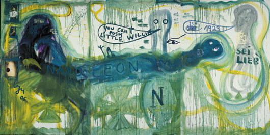 German artist Jonathan Meese's ‘Napoleon's Tierchen' is painted on canvas in three parts. It has a $97,000-$130,000 estimate. Image courtesy Phillips de Pury & Co.