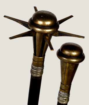 French late-19th-century defensive cane with articulated spikes that spring out when cane's collar is slipped down, $4,100. Image courtesy LiveAuctioneers.com Archive and Kimball M. Sterling Inc.