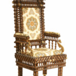 This huge example of recycling, a chair made with old, used wooden thread spools, sold for $490 at Thomaston Auction in Thomaston, Me. It is 53 1/2 inches high by 23 inches wide.
