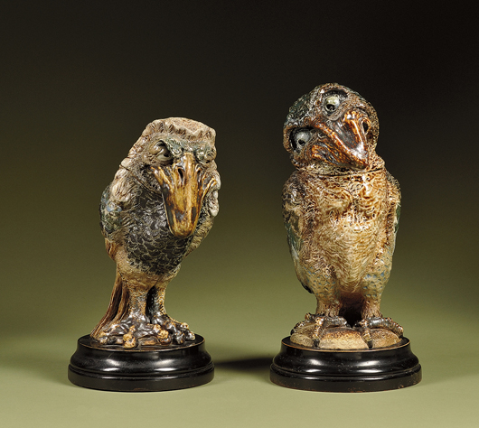 Two large and whimsical Martin Brothers glazed stoneware Wally-Bird tobacco jars and covers, est. $12/18,000 each. Image courtesy Skinner Inc.