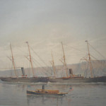 Ships On the Hudson River, Under the Palisades, 1883/4, published by Frederick Schiller Cozzens (American: 1846-1928), colored lithograph mounted on card, signed and dated 1/1 in printing. Dimensions: 14¼ inches by 20¼ inches. Presale estimate $300-$500. Image courtesy LiveAuctioneers and Housing Works.