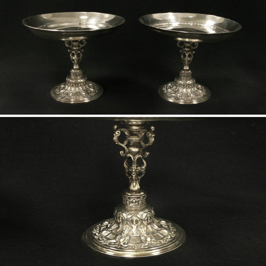 Bearing an armorial crest, this pair of London sterling compotes, dated 1861-62, stands 6 1/4 inches high. The estimate is $800-$1,200. Image courtesy William Jenack Auctioneers.