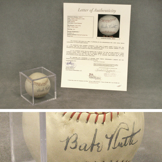 The owner of this single-signed Babe Ruth baseball kept it in game-day condition. It has a $4,000-$6,000 estimate. Image courtesy William Jenack Auctioneers.