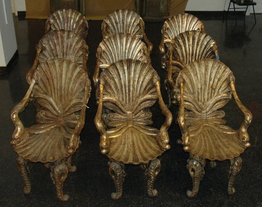 Exquisitely designed and crafted for David Barrett’s own range of 20th-century furnishings, these are examples of his Rococo-style Grotto Chairs. Each has a shell-form back and seat with dolphin-form arms, shell-carved scroll legs. The auction will include two lots containing a pair of chairs each, and three lots each containing a quartet of chairs. Lot of four estimated at $4,000-$6,000. Image courtesy LiveAuctioneers.com and Tepper Galleries.