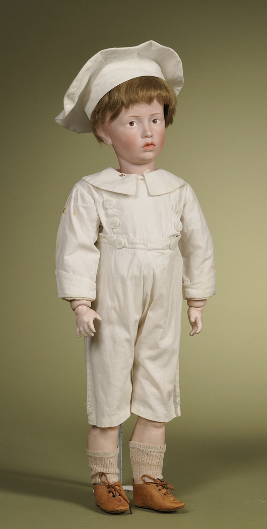 Kammer & Reinhardt 107 Carl character boy, Germany, circa 1910, bisque socket head incised K*R 107/55, brown painted eyes, fully jointed composition body, 22 inches. Estimate $20,000-$30,000. Image courtesy Skinner Inc.