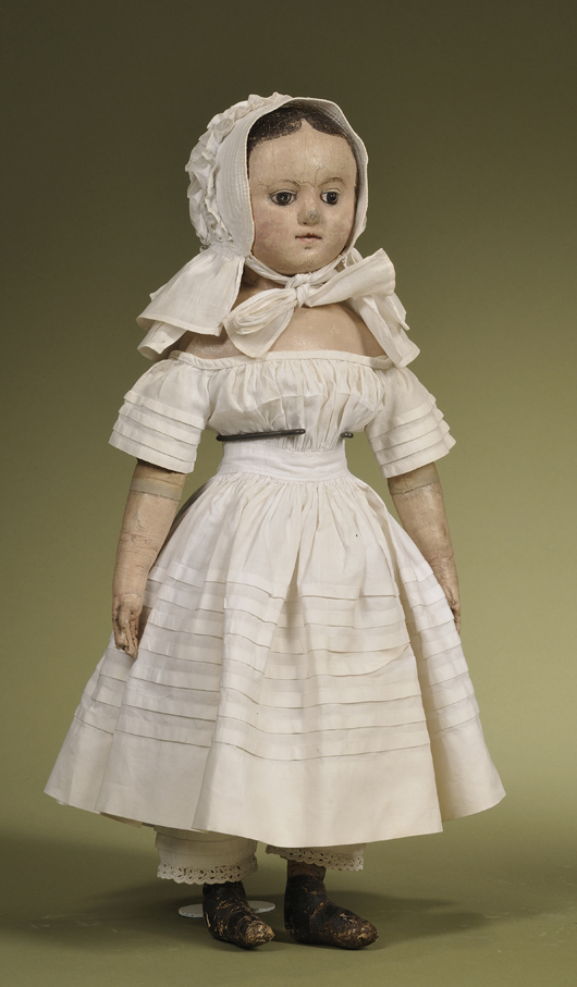 Izannah Walker oil-painted on stockinette cloth doll, Rhode Island, circa 1860, 18 inches. Estimate $15,000-18,000. Image courtesy Skinner Inc.
