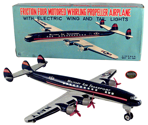 The Linemar Friction Four Motor Whirling Propeller Airplane in the box dates to the 1950s and has U.S. Navy markings. Image courtesy Serious Toyz.