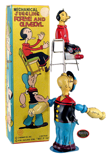 Linemar produced the Mechanical Juggling Popeye & Olive Oyl toy in the 1950s. This example is near mint in the box. Image courtesy Serious Toyz.