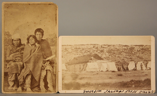 Selling as one lot were three CDV images of Native Americans and a CDV of 10th U.S. Calvary encampment at Grierson Springs, Texas. The lot made $1,362. The unit was formed in Leavenworth, Kan., in 1866 as an African-American regiment. Image courtesy Case Antiques.