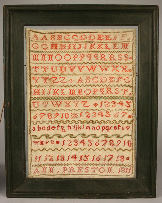 Signed and dated 1811, this Kentucky alphabet sampler sold for $908. Image courtesy Case Antiques.