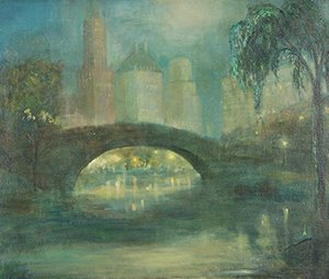 ‘Summer Evening in Central Park' is one of four paintings by Johann Berthelsen (American, 1883-1972) in Trinity International Auctions' fall sale. The 20- by 24-inch oil on canvas has a $5,500-$7,500 estimate. Image courtesy of Trinity International Auctions.