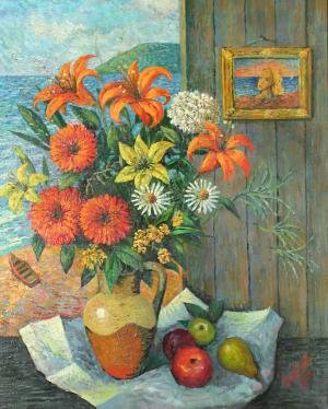 David Davidovich Burliuk (Russian-American, 1882-1967) painted ‘Summer Flowers in the Window,' a 30- by 24-inch oil on canvas. It is one of five works in the auction by Burliuk, who was a central figure in the Russian the avant-garde movement. It has a $12,500-$17,500 estimate. Image courtesy of Trinity International Auctions.