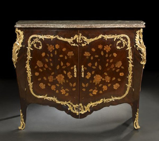 Inlays of exotic woods accent this fine Napoleon III rosewood cabinet, made in Paris during the third quarter of the 19th century. Image courtesy New Orleans Auction Galleries.