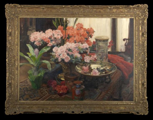 ‘Still Life with Azaleas, Roses, Cyclamens, Bromeliad and Chinese Porcelain Group on a Draped Table' by Herman Jean Joseph Richir (Belgian, 1866-1942) is estimated at $20,000-$40,000. Image courtesy of New Orleans Auction Galleries Inc.