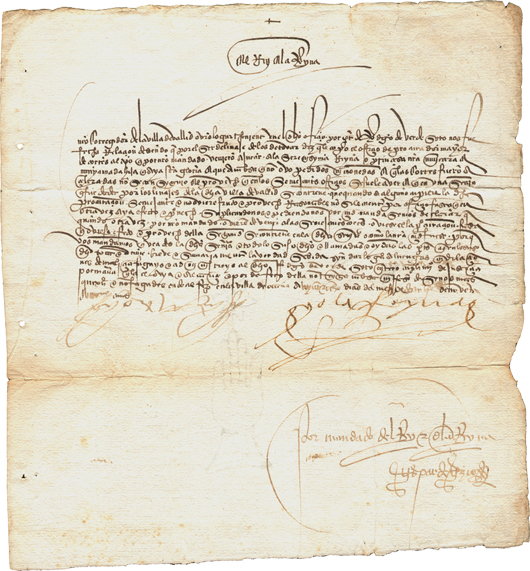 King Ferdinand, Queen Isabella signed document appointing Court Counsel. Image courtesy Signature House.