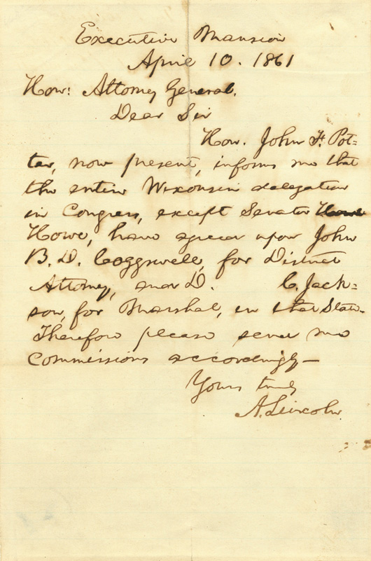 President Abraham Lincoln letter handwritten two days before Ft. Sumter bombardment. Image courtesy Signature House.