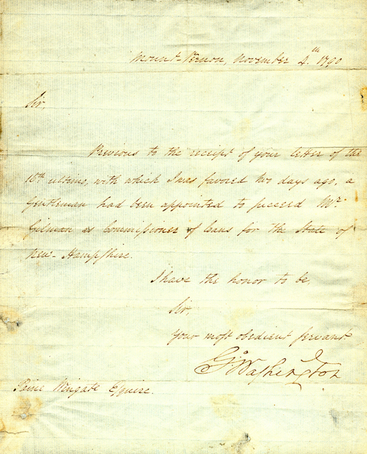 President George Washington signed letter. Image courtesy Signature House.