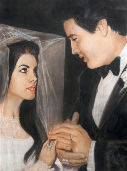 An original pastel wedding portrait of Elvis and Priscilla Presley is after a photograph of the couple. It has an $8,000-$12,000 estimate. Image courtesy of Leslie Hindman Auctioneers.