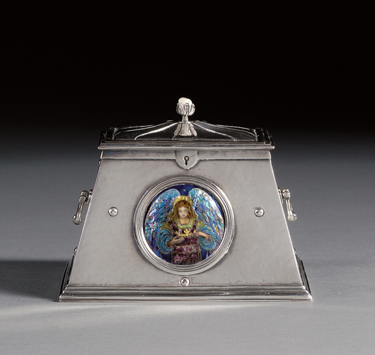 Arts & Crafts enamel-mounted silverplate jewelry casket by Ernestine Mills, est. $3,000-$5,000. Image courtesy Skinner Inc.