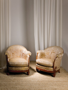 Shown here, a pair of fine and rare walnut bergeres by Jules Leleu, France, circa 1924 from Maison Gerard. The chairs are illustrated in House of Leleu by Francoise Siriex, Hudson Hill Press and in Jules & Andre Leleu by Viviane Jutheau, Editions Vecteurs. Image courtesy of Maison Gerard, New York.