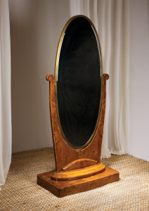 Psyche, a Jules Leleu amboyna-root cheval mirror with ivory inlays and bronze frame, France, circa 1926, is from Maison Gerard. An identical mirror is illustrated in Le Arti d’oggi, Architettura e arti decorative in Europa by Roberto Panini, 1930. Image courtesy of Maison Gerard, New York.