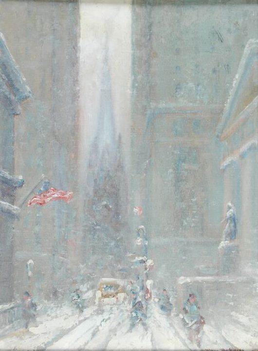 Johann Berthelsen (American, 1883-1972) painted ‘Trinity Church from Wall Street.' Oil on artist board, the painting is 16 by 12 inches and has a $6,000-$8,000 estimate. Image courtesy of Simpson Galleries.