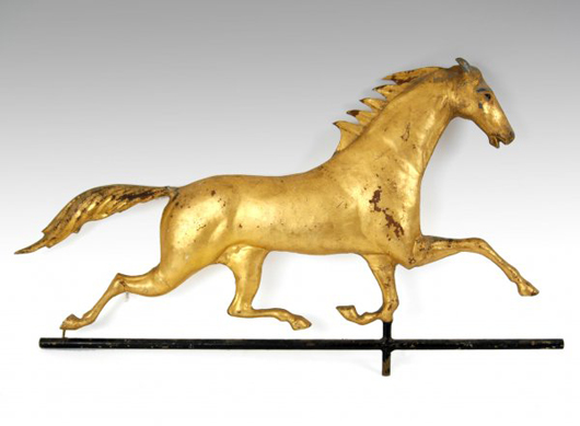 One of the top items at Stephenson's Auction will be this late-19th-century weather vane complete with directionals. The horse is gilt over copper and zinc. The estimate is $4,000-$8,000. Image courtesy of Stephenson's Auction.