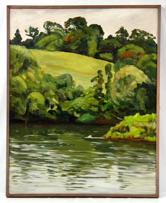 New Jersey artist Paul Matthews is known for his lakeside landscapes. This 29- by 22 3/4-inch oil on canvas painting has a $600-$1,000 estimate. Image courtesy of Stephenson's Auction.