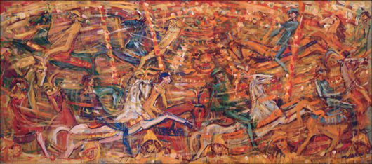 Reidar Berge (b. 1922) captured the kinetic excitement of a carousel in this 9-foot-long painting. Image courtesy of Susanin's.