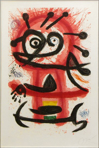 Joan Miro's signed etching and aquatint titled ‘Mambo' is from an edition of 50 and measures 44 1/2 by 28 3/4 inches. The estimate is $10,000-$15,000. Image courtesy of Susanin's.