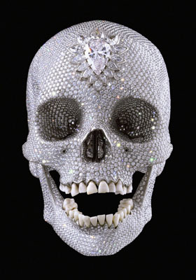 Damien Hirst sculpture For the Love of God, platinum cast of a human skull, covered with 8,601 diamonds. Fair use under U.S. Copyright Law.