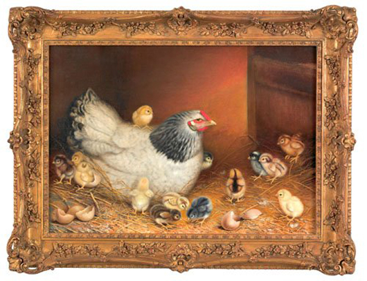 Ben Austrian (Reading, Pa., 1870-1921), oil on canvas of a hen and 14 chicks. Estimate $15,000-$25,000. Image courtesy LiveAuctioneers.com and Pook & Pook.