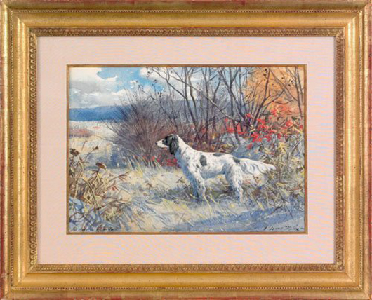 Aiden Lassell Ripley (American, 1896-1969), watercolor landscape with pointer. Estimate $10,000-$15,000. Image courtesy LiveAuctioneers.com and Pook & Pook.