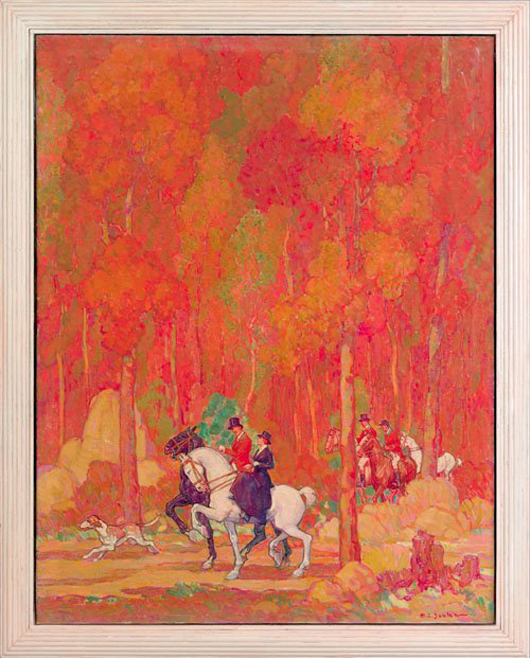 Henry James Soulen (American, 1888-1965), oil on canvas illustration of a fox hunting party traveling through the woods. Estimate $4,000-$8,000. Image courtesy LiveAuctioneers.com and Pook & Pook.