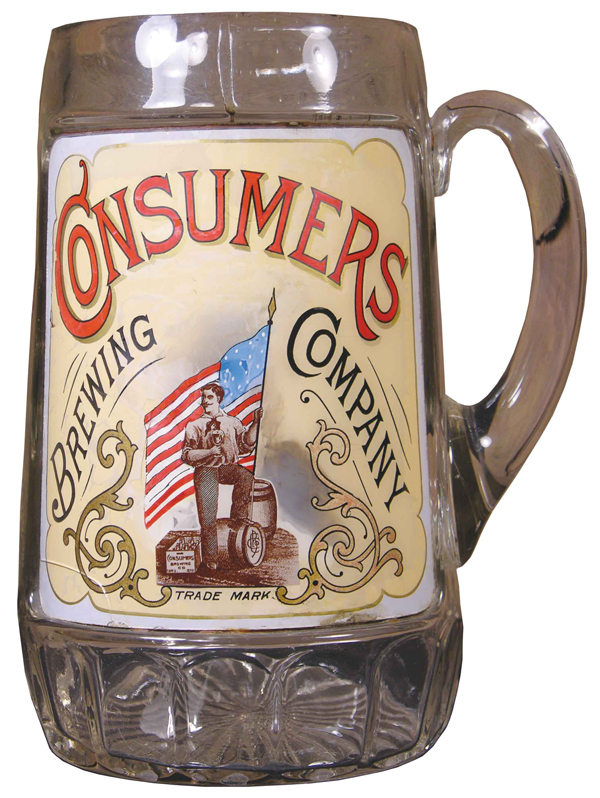 Consumers Brewing Company label under glass display mug, 10 inches tall, with handle ($15,400). Image courtesy Showtime Auction Services.