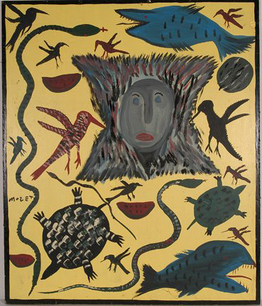 Mose Tolliver's ‘Face With Animals & Watermelons' is from the collection of Lynne Ingram. The latex on plywood painting has a $1,000-$3,000 estimate. Image courtesy of Slotin Folk Art.