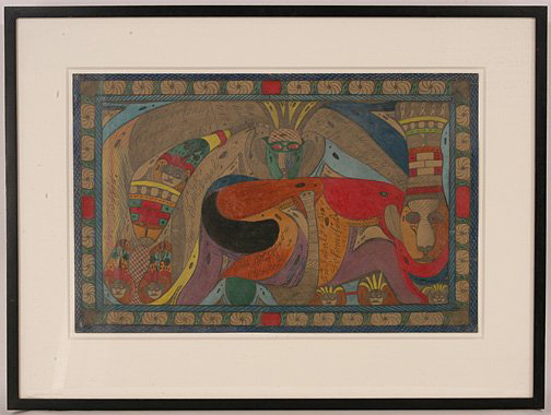 Swiss-born Adolf Wolfli (1864-1930), who was institutionalized for schizophrenia for the last 35 years of his life, created ‘The Lion and the Masked Man.' The work of in graphite, pastel and colored pencils on paper has a $30,000-$50,000. Image courtesy of Slotin Folk Art.