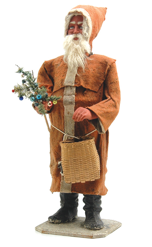Rare 1860s-1870s belsnickel made by Partridge & Richardson, Philadelphia. Composition head, glass eyes, horsehair beard, fur-trimmed cloth outfit, leather shoes. Estimate $14,000-$16,000. Image courtesy Bertoia Auctions.