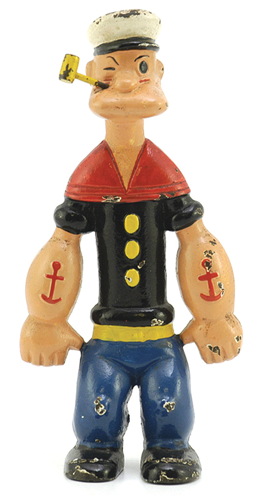 Popeye painted cast-iron doorstop, retains original pipe, 9 inches tall. Estimate $2,000-$2,500. Image courtesy Bertoia Auctions.