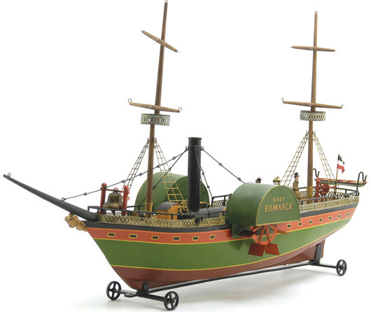 1875 Rock & Graner steam toy ship replicating Furst Bismarck. 28 inches bow to stern, 33½ inches overall. Estimate $18,000-$25,000. Image courtesy Bertoia Auctions.