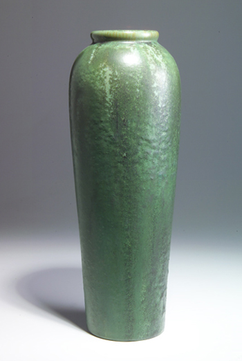 A frothy Cucumber Matte crystalline glaze covers this rare vase, which stands 16 inches tall and has a vertical Fulper mark. Image courtesy of Rago Arts and Auction Center and LiveAuctioneers Archive.