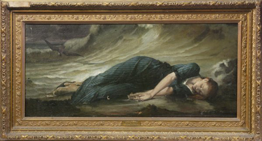 ‘Mort de Virginie' depicts the death of Virginia, the ill-fated sweetheart in a 1787 French novel by Bernardin de St. Pierre titled ‘Paul et Virginie.' Though unsigned, the 20- by 46-inch oil on canvas is intricately detailed. The estimate is $8,000-$10,000. Image courtesy of Midwest Auction Galleries Inc.