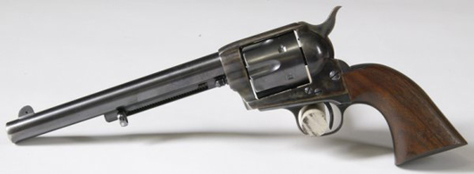 Colt Single Action Army revolvers like this early example are like the ones carried by Gen. George A. Custer's 7th Cavalry troopers at the Battle of the Little Big Horn. In nice condition with a possible early arsenal refinish, this Colt .45 has a $10,000-$12,000 estimate. Image courtesy of Midwest Auction Galleries Inc.