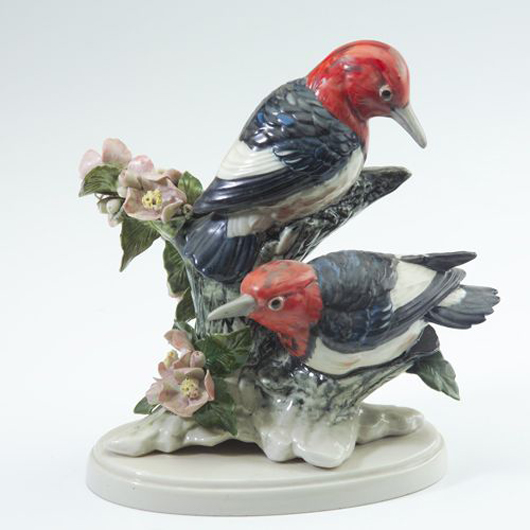 Stangl produced ceramic birds from 1940 until the factory closed in 1978. This pair, known as a double, of red-headed woodpeckers stands 8 inches high. Image courtesy of Rago Arts and Auction Center and LiveAuctioneers Archive.