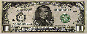 Example of a U.S. $1,000 bill, series 1928, featuring a portrait of Pres. Grover Cleveland. Public domain image courtesy Wikimedia Commons.